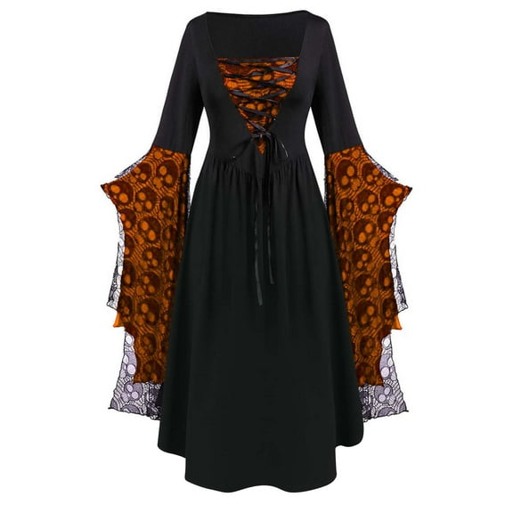 Women's Witch Corset Dress Plus Size Maxi Gown with Dramatic Sleeves for Halloween Orange S