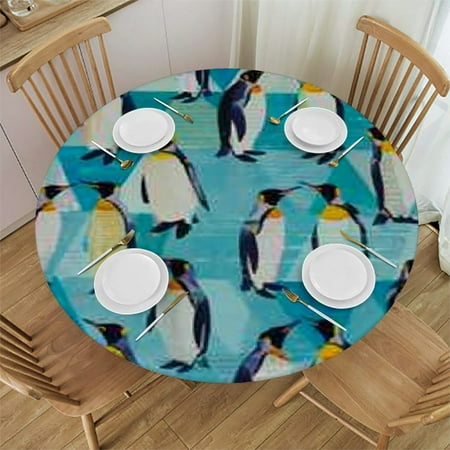

Tllo0ord Fitted Round Tablecloth and Penguins All Around Elastic Fabric Table Cover Dark Turquoise Dark Grey 42-46