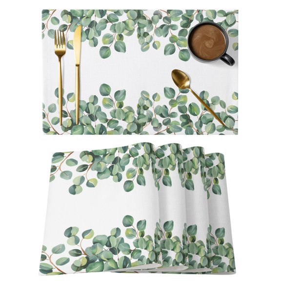 Green Eucalyptus Leaves Placemats Set of 8, Farmhouses Leaf Plants Botanical Non-Slip Place Mats Washable Table Mats for Kitchen Dining Table Decorations Indoor/Outdoor