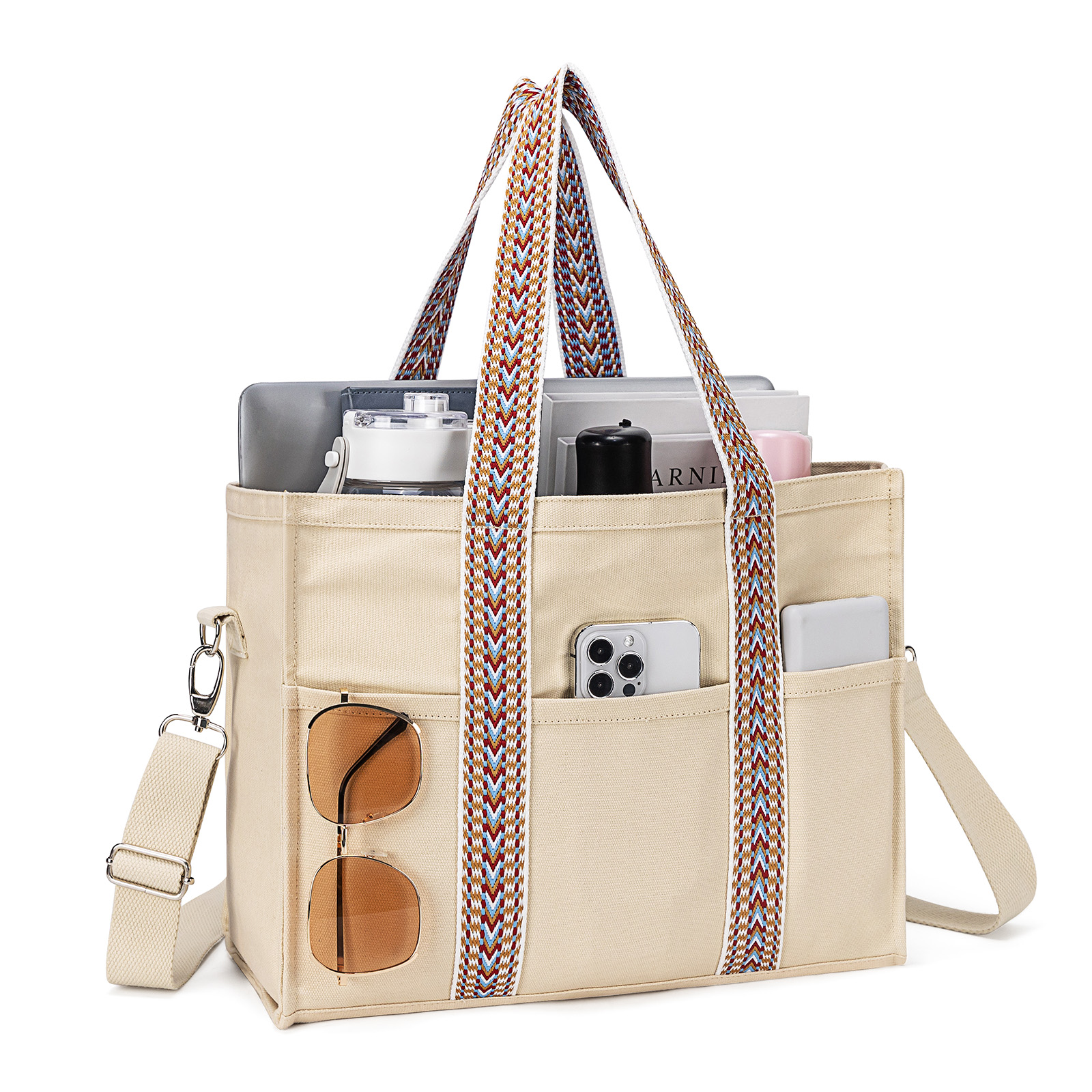 Canvas Tote Bag with Multi Pockets, Kabaqoo Crossbody Tote Handbag
