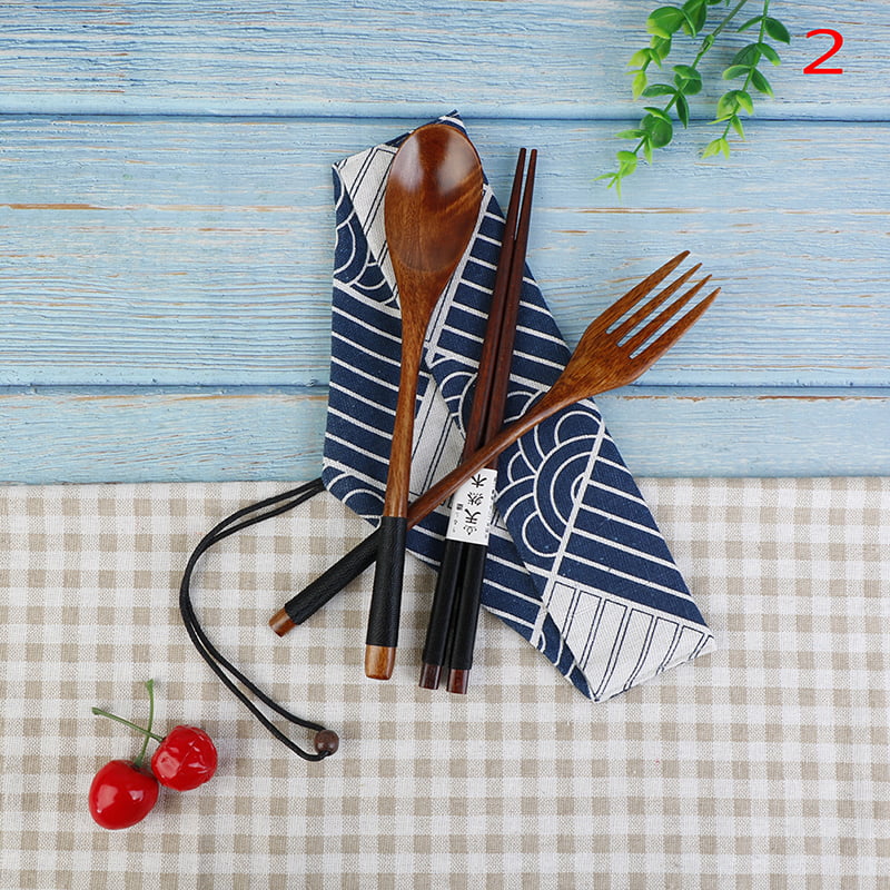 Set Portable Japanese Style Wooden Spoon Fork Chopsticks  Cloth Bag Natural 