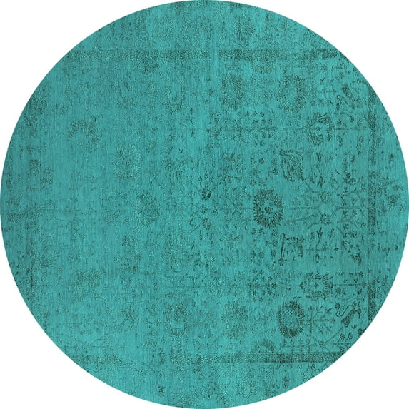 Ahgly Company Machine Washable Indoor Round Oriental Turquoise Blue Industrial Area Rugs, 8' Round