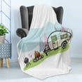thumbnail image 4 of Travel Soft Flannel Fleece Blanket, Cartoon Style Design of a Camping Scene with a Camp Trailer a Bonfire and a Barbecue, Cozy Plush for Indoor and Outdoor Use, 70" x 90", Multicolor, by Ambesonne, 4 of 5