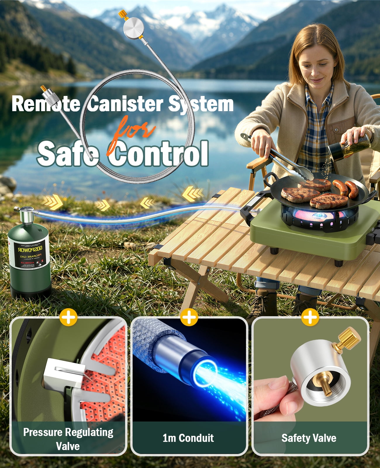 Rhino Valley 2 Propane Burners Camping Stove, 30,000 BTU Folding Camp Stove with Windproof Grates and Frying Pan, Portable Camping Stoves with Carrying Bag, Camping Essentials ,Green