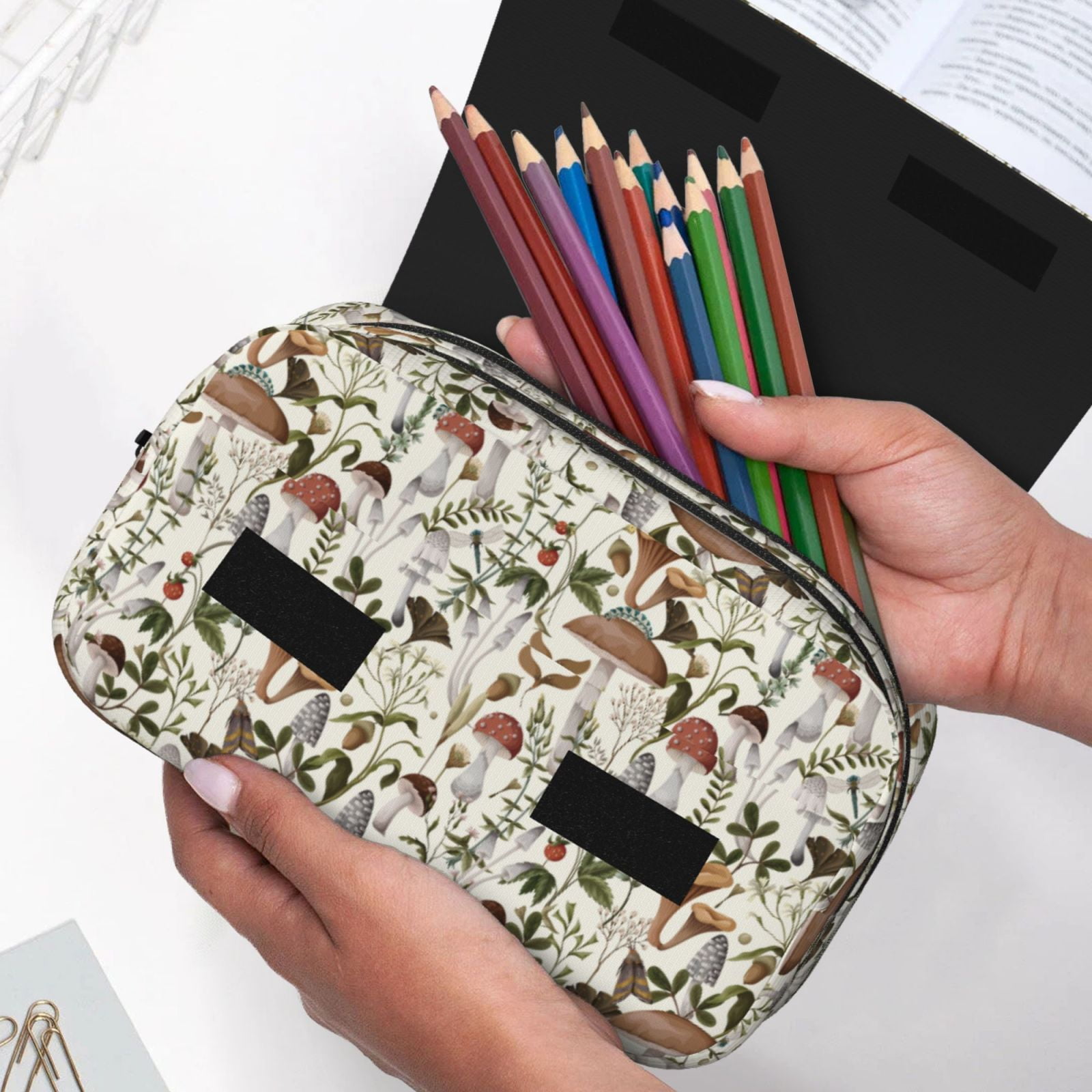 Rateoe Mushroom Garnish Pattern Double Clamshell Pen Case, Storage Organizer with Two Zipper Compartments– Holds Up to 50 Pencils & Pens