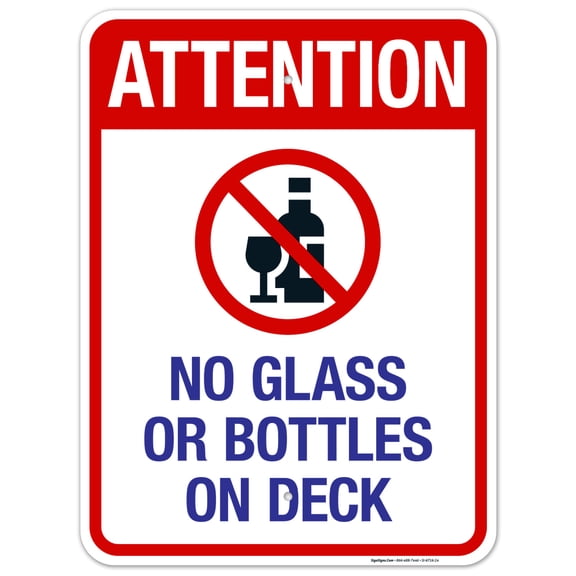 Attention No Glass Or Bottles On Deck Sign, Pool Sign,