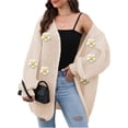 thumbnail image 2 of Female Sweaters Floral V-Neck Long Sleeve Sweater Open Front Knit Buttonless Trendy Sweater Outerwear Apricot One size, 2 of 8