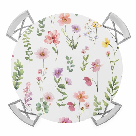 Elastic Fitted Round Tablecloth, Pink Spring Floral Waterproof Stretch Table Cover for 55"-60" Tables, Flowers Elegant Pastoral Leaves Washable Outdoor Tablecloths for Patio, Picnic, Camping