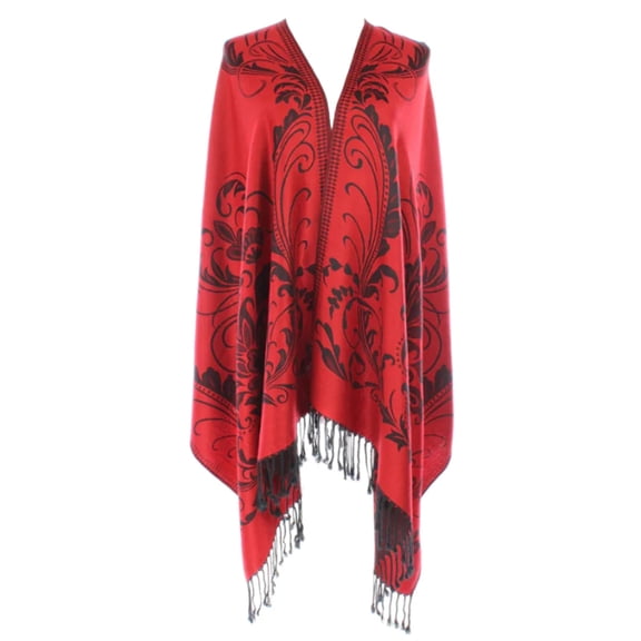 Exquisite Red Pashmina Shawl with Bold Black Floral Patterns – Elegant Fringed Wrap for Sophisticated Style