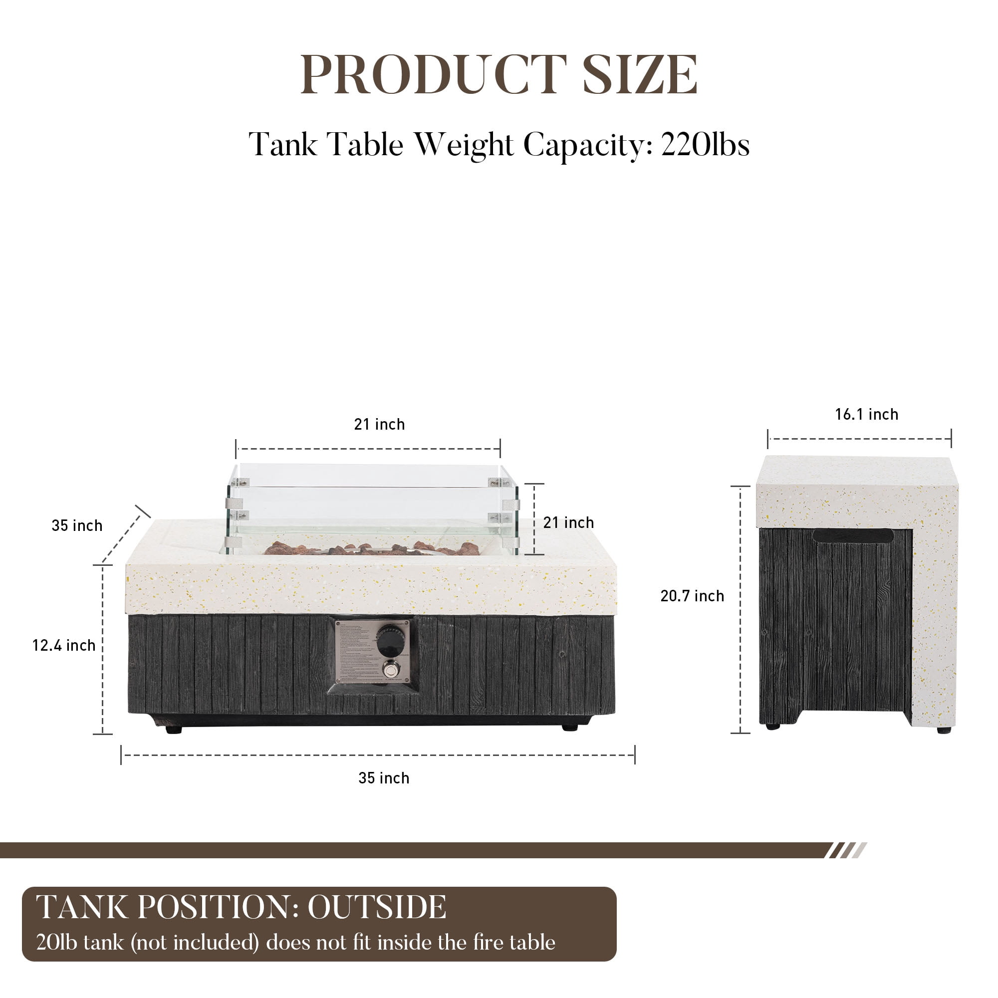 VENTOPYR 35" Square Outdoor Propane Fire Pit Table with Tand and Wind Guard