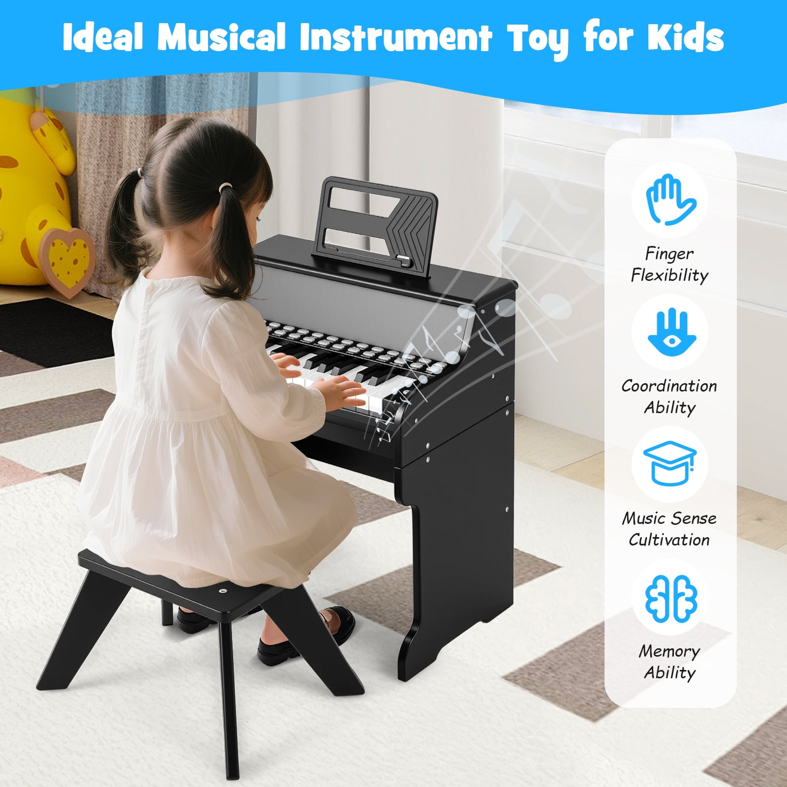 Patiojoy 25 Lighted Keys Kids Piano Keyboard with Stool Mini Digital Piano Wooden Toy Black
