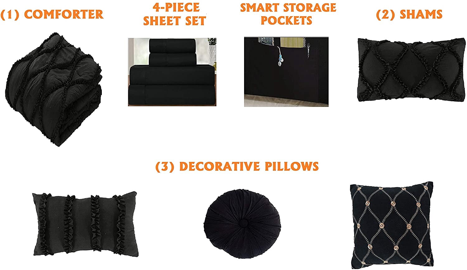 10-Pieces Infinity Design Comforter Set, Bed-in-a-Bag Includes Bed Sheet Set with Double Sided Storage Pockets and Decorative Pillows, Full/Queen, Black