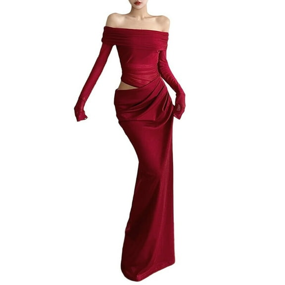 Women'S Mesh Off Shoulder Dress Elegant Sheer See Through Long Sleeve Ruched Bodycon Maxi Dresses Wine Red L
