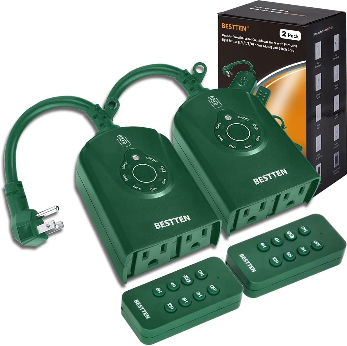 [2 Pack] BESTTEN Outdoor Digital Timer Outlet, Plug in Light Sensor