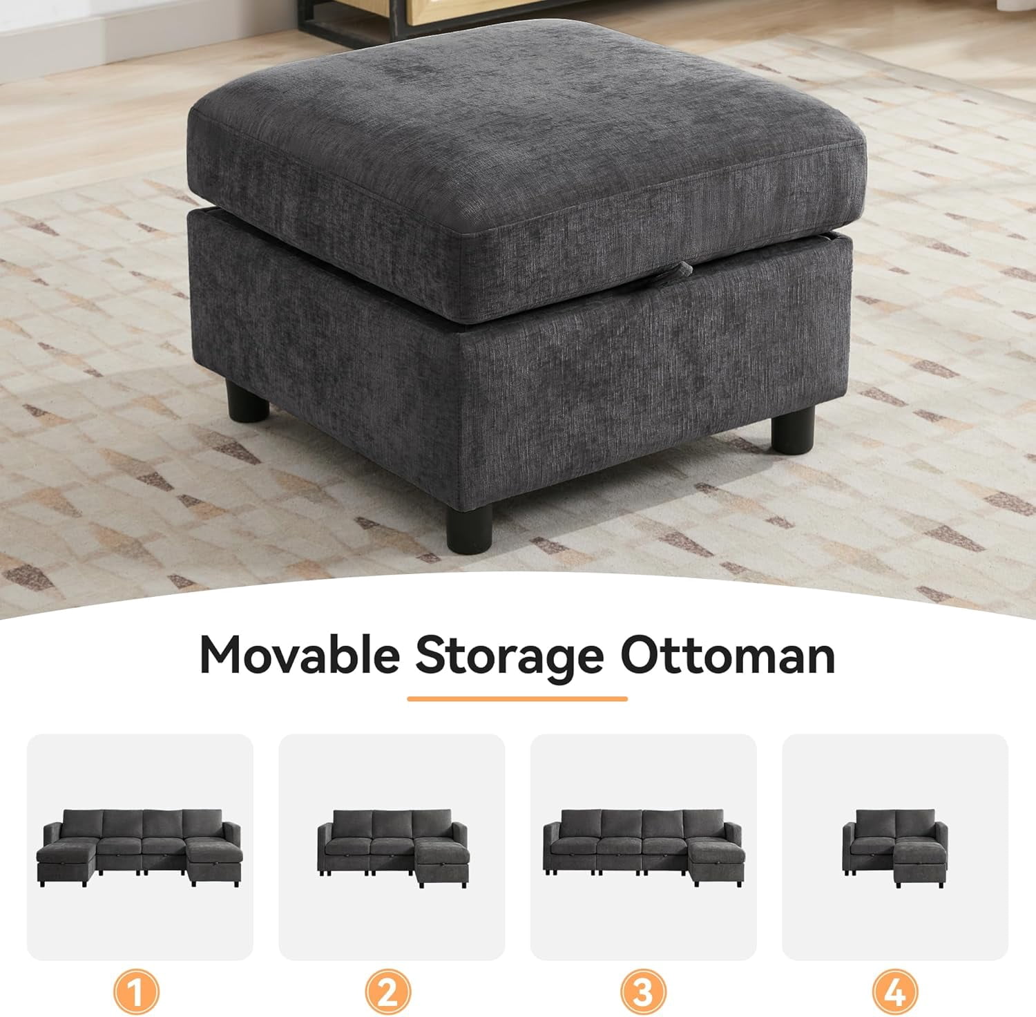 107”Modular Sectional Sofa Convertible U Shaped Sofa Couch Set with Storage for Living Room, Modern 6 Seater Modular Sectional Couch with Movable Ottoman, Chenille Dark Grey