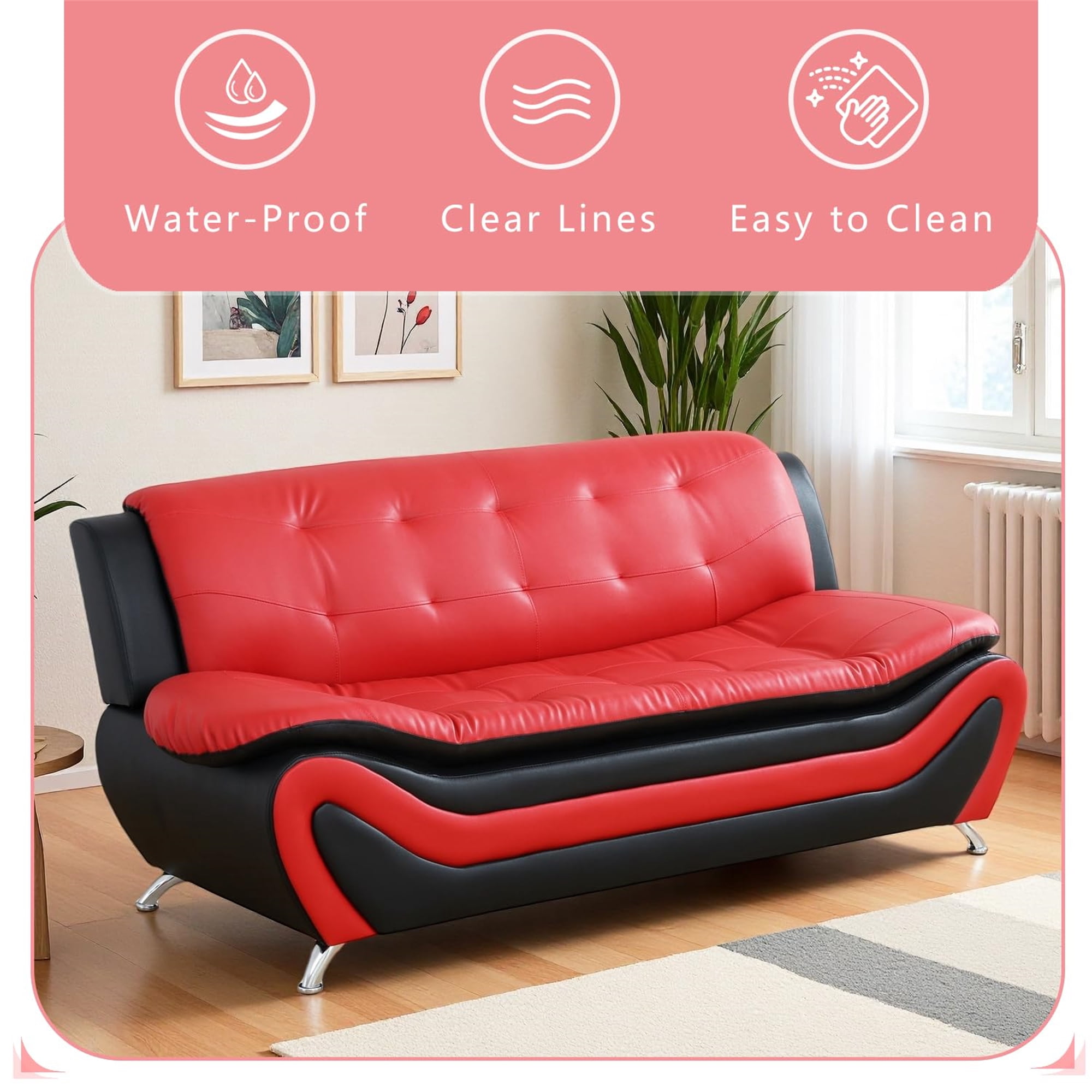 Aukfa 76.5" Upholstered 3 Seat Sofa Couch for Living Room, Leather, Tufted Back, Black&Red