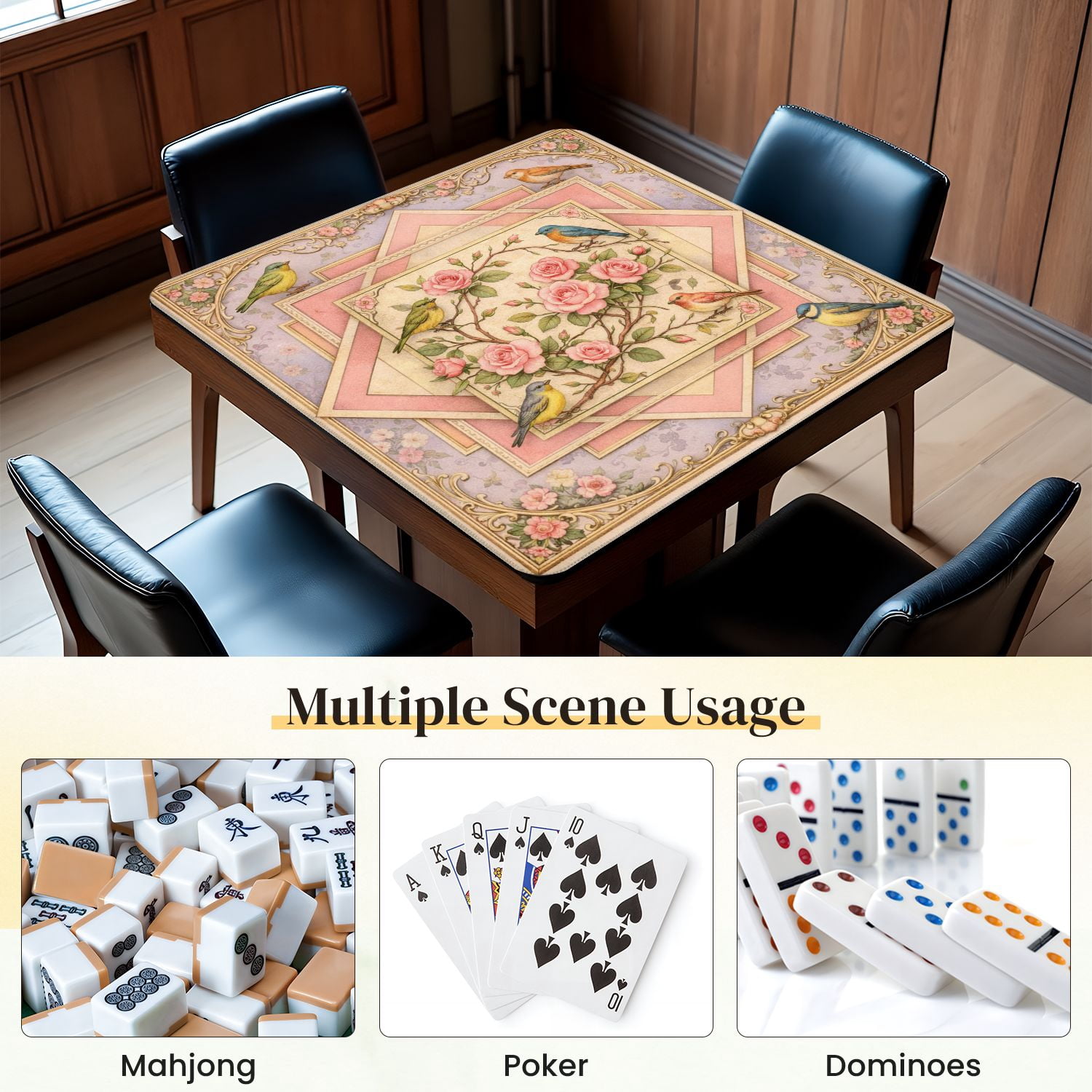 Mahjong Mat 31.5" x 31.5" Vintage Floral Birds Roses Soft Pink Green Tones Non-Slip Noise Reduction Mahjong Tiles Table Cover for Dominoes Poker Card Board and Tile Games