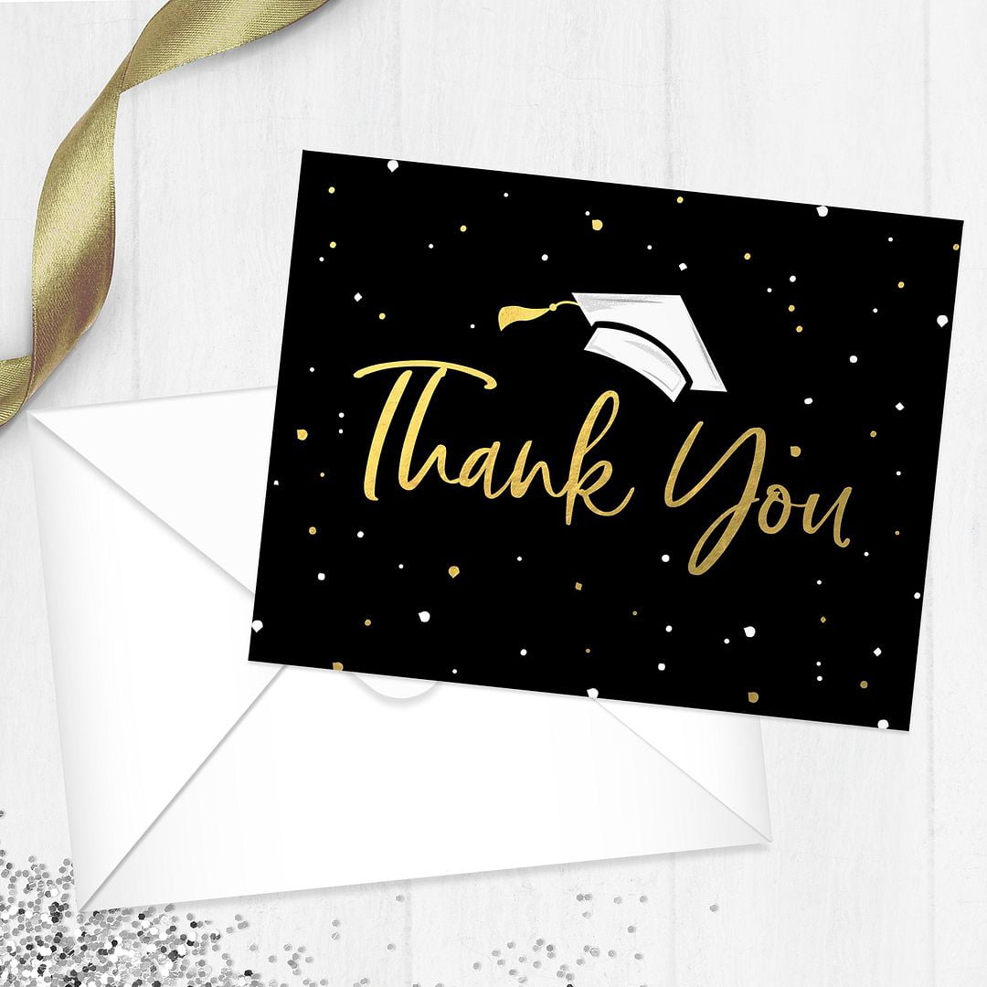 Faux Gold Confetti Graduation Thank You Cards / 100 Bulk Note Cards With White Envelopes / 4 1/4" x 5 1/2" High School College Grad Greeting Cards / Made In The USA