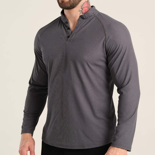 pstuiky camisas de manga larga para hombre, Camisa deportiva de entrenamiento fácil para hombre, elástica, de color liso, con cuello en V y manga larga Tops de hombre m