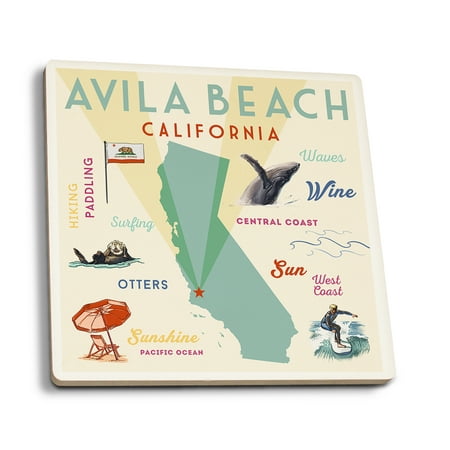 

Avila Beach California Typography and Icons (Absorbent Ceramic Coasters Set of 4 Matching Images Cork Back Kitchen Table Decor)