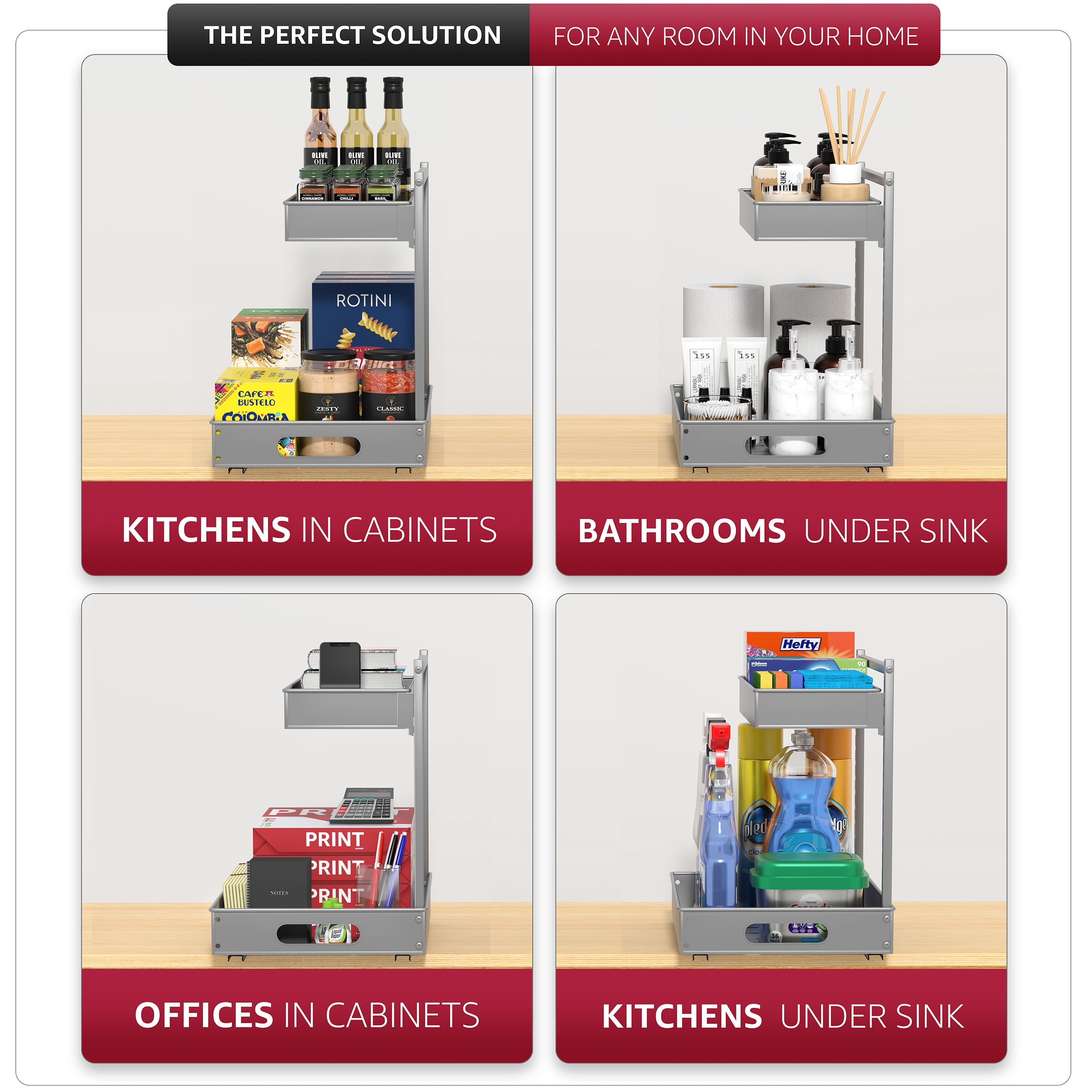 Sorbus 2-Tier Under Sink Organizer with Sliding Drawers, No-Drill Storage Rack (2 pack Silver)