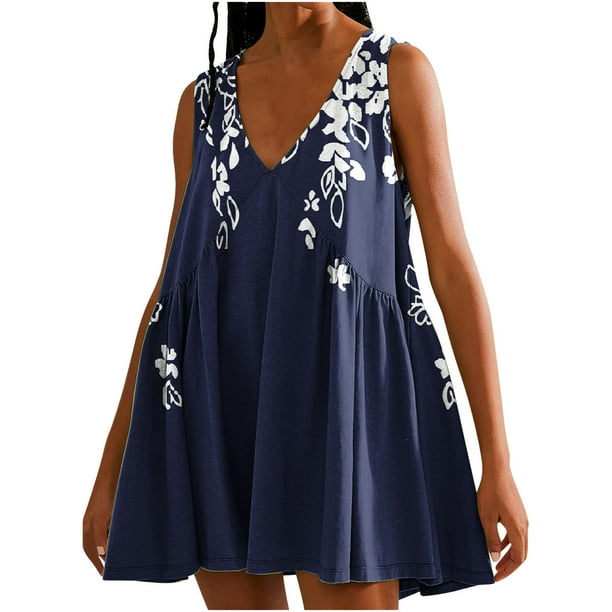 Vestido de Verano Casual, Vestido de Cuello en V sin Mangas Impreso Suelto Hecho de Poliéster Cómodo para el Uso Diario de Verano de Primavera, Vestido de Verano de Mujer