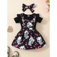 thumbnail image 5 of Baby Girls Dress Set, Cat Print Short Sleeve Romper with Suspender Dress and Headband Summer Outfit, 5 of 10