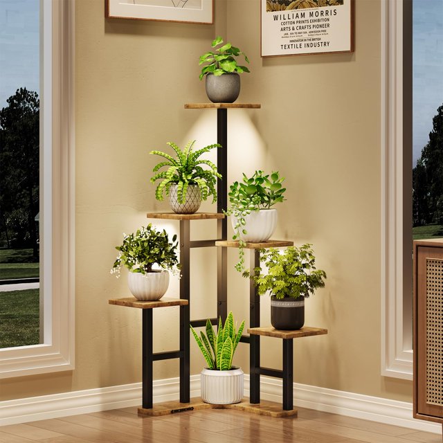 Soporte de esquina para plantas Yzosvki para interiores con luces de cultivo de 6 niveles