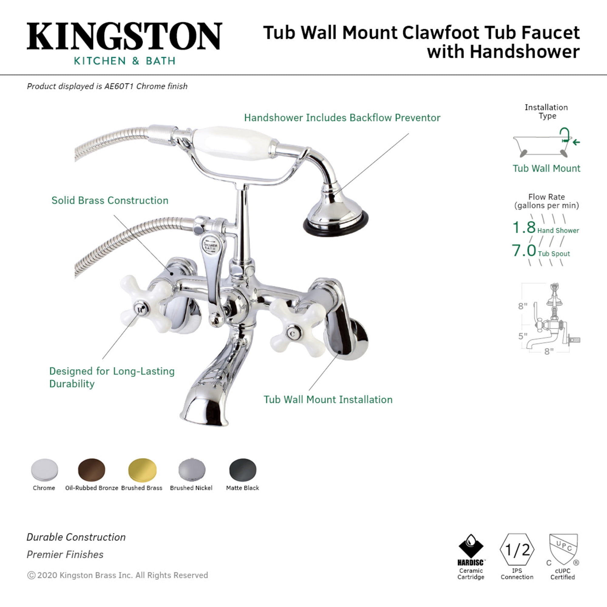 Kingston Brass AE59T0 Aqua Vintage Wall Mount Tub Faucet with Hand Shower, Matte Black