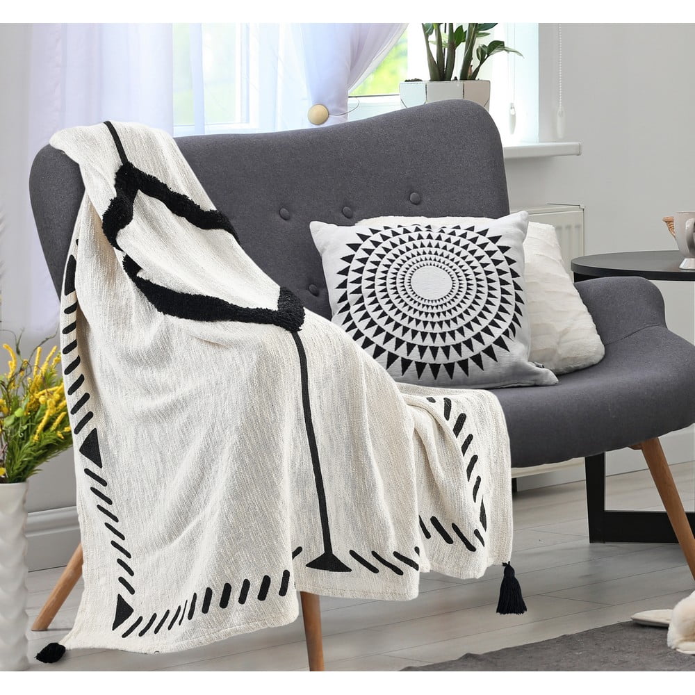 LR Home Cream and Black Bordered Diamond Cotton Throw Blanket, 50" x 60"