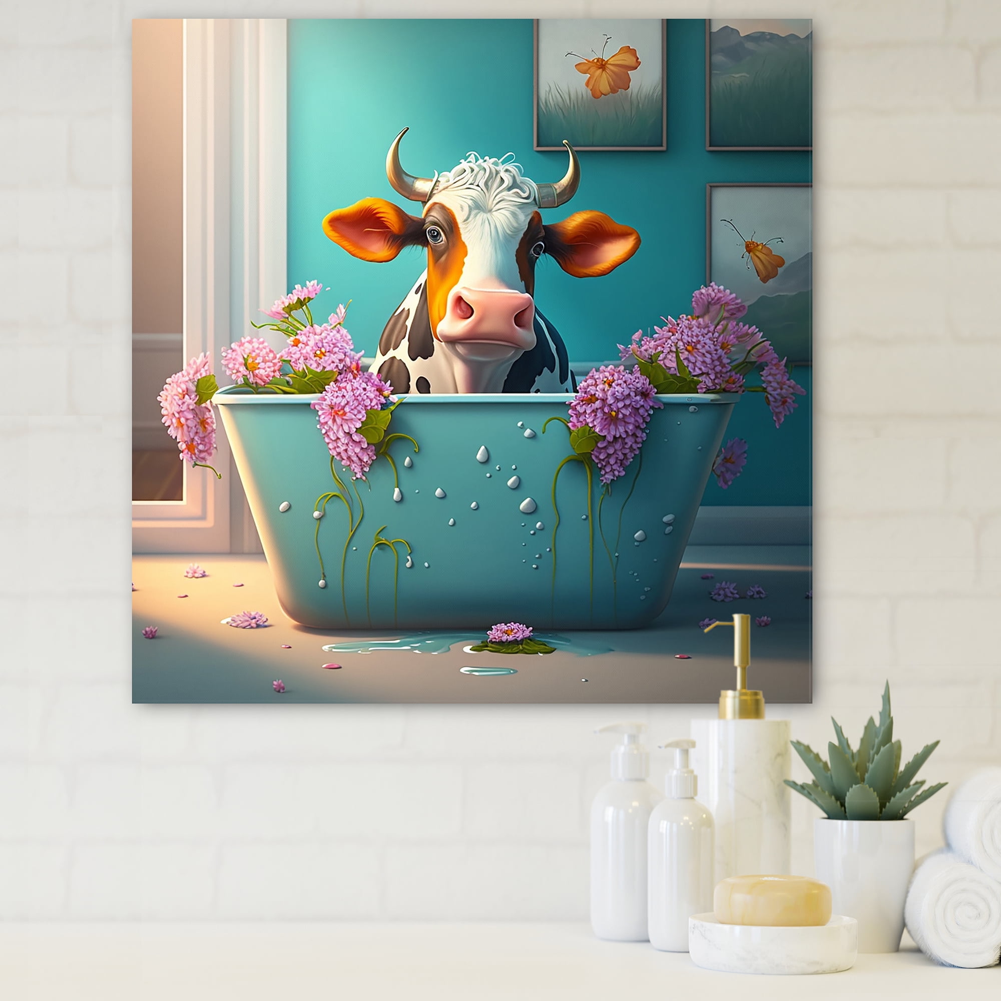 Designart Cartoon Cow Seating On The Toilet II Canvas Wall Art