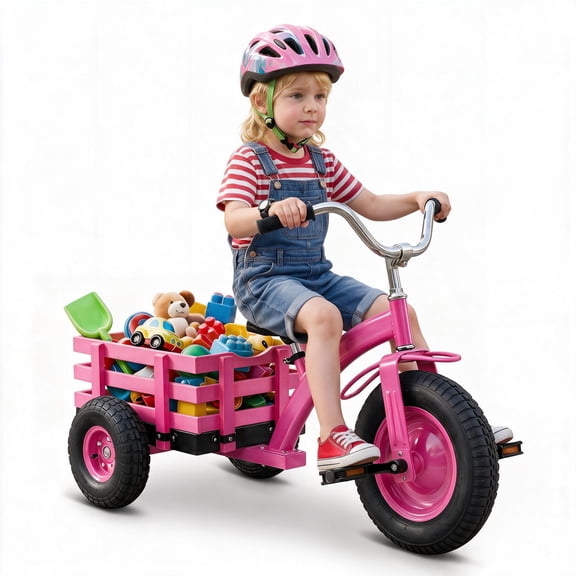 MULTIGOT Kids Tricycle w/Storage Basket 15" Inflatable Rubber Tires Adjustable Handlebar Pink