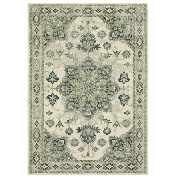 Oriental Weavers Branson Area Rug - BR04B - 5'3" x 7'3" - in Ivory/ Blue - Vintage Inspired, Stain Resistant, Family and Pet Friendly , Bedroom, Office Rug