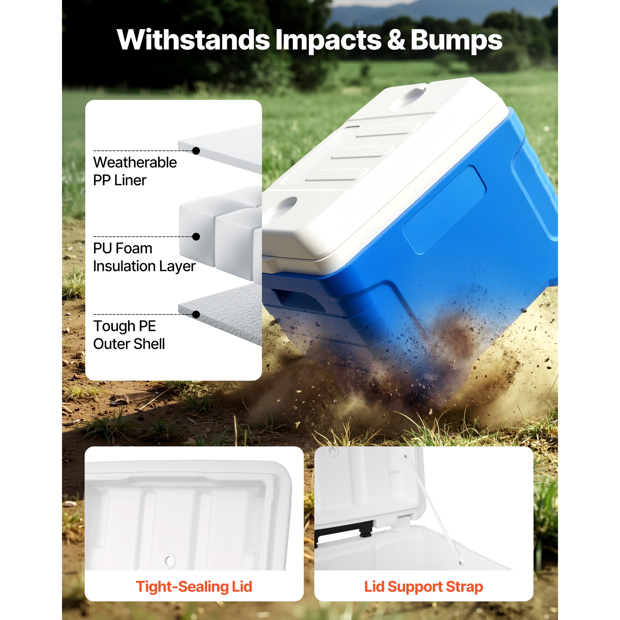 KFFKFF 45QT Portable Rolling Cooler with Wheels, Insulated Ice Chest for 48-Hour Cooling, Lightweight and Leak-Resistant Design for Outdoor Activities, Picnics, Camping, and Grilling