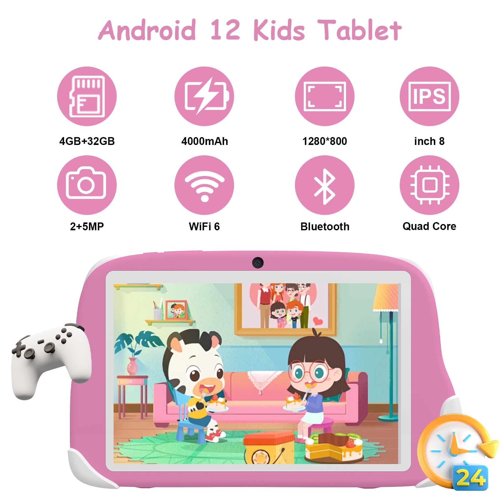 Peicheng Tablet, 8-inch IPS HD Screen Android Tablet for Kids with Protective Case, Parental Contral, 4000mAh battery, Pre-Installed Apps for Learning and Play, Pink