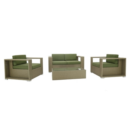 - Baner Garden N253 Four Piece Outdoor Patio Aluminum Frame Sofa Set Rattan Furniture Set Two Arm Chairs, One Table and One Sofa with Cushions, Beige