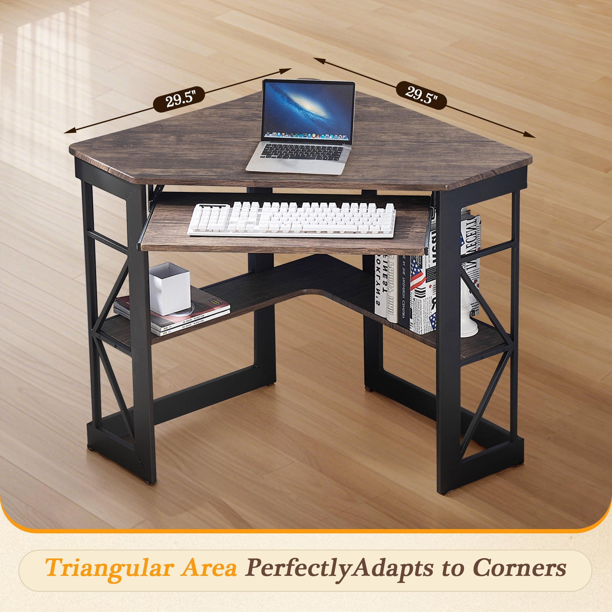 VECELO Corner Computer Desk with Keyboard Tray and Storage Shelf, Student Study Writting Table Workstation for College Dorm Apartment Home Office, Dark Brwon (90 Degrees)