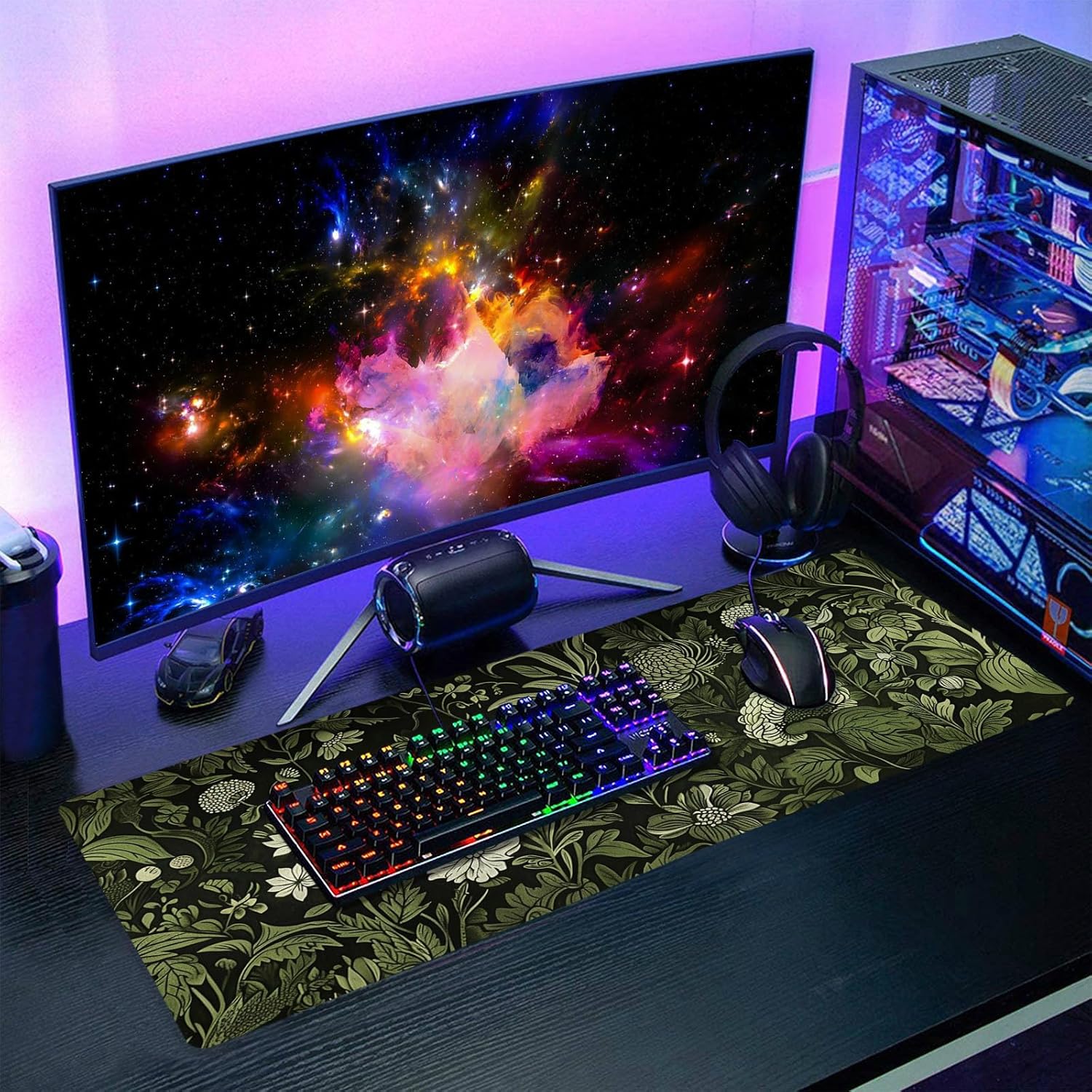 Botanical Green Leaves Gaming Mouse Pad XL Beige Plant Black Aesthetic Extended Big Large Desk Mat Non-Slip Rubber Base Stitched Edge Long Keyboard Mousepad for PC Computer Laptop,31.5×11.8 in