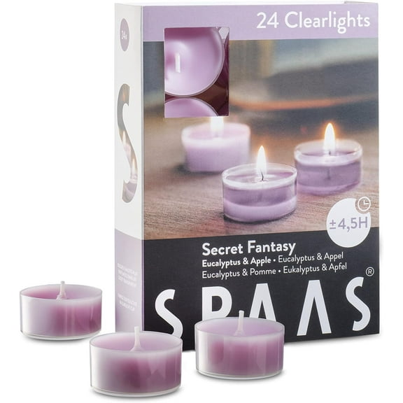Scented Tea Lights Candles in Clear Cups, Eucalyptus & Apple Fragrance, for Spa, Dinner, and Home Decor, 24 Pack