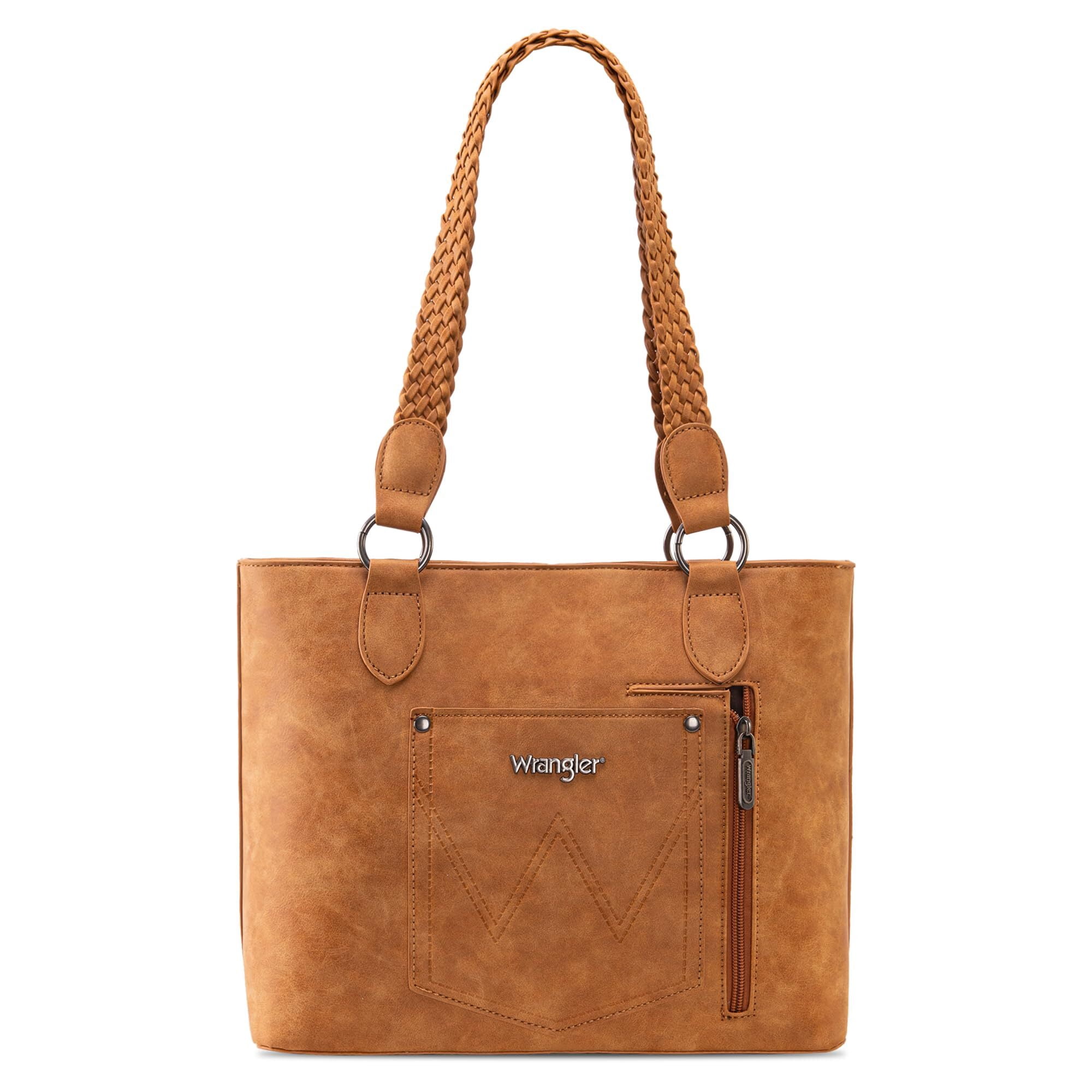 Wrangler Distressed Tote Bag for Women Western Purse Multi Pockets Handbags and Shoulder Bag, Braided-Tan