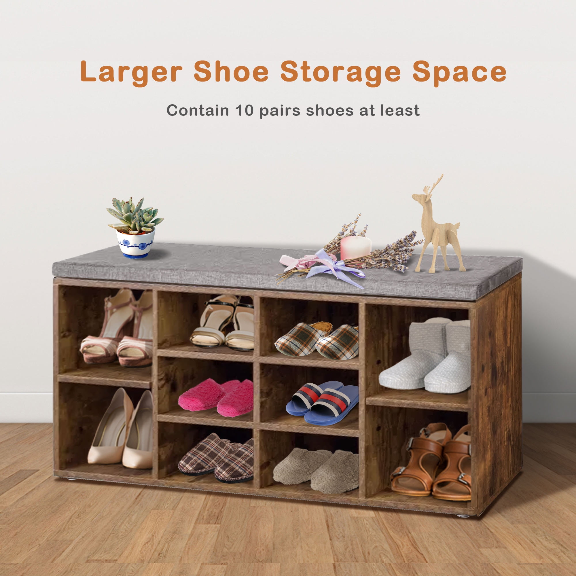 Shoe Bench Storage Bench with cushion, Entryway Bench with Storage, 10 Compartments Shoe Organizer with 3-Tier Shoe Rack, Adjustable Shelves Shoe Storage for Entryway Hallway Bedroom, Brown