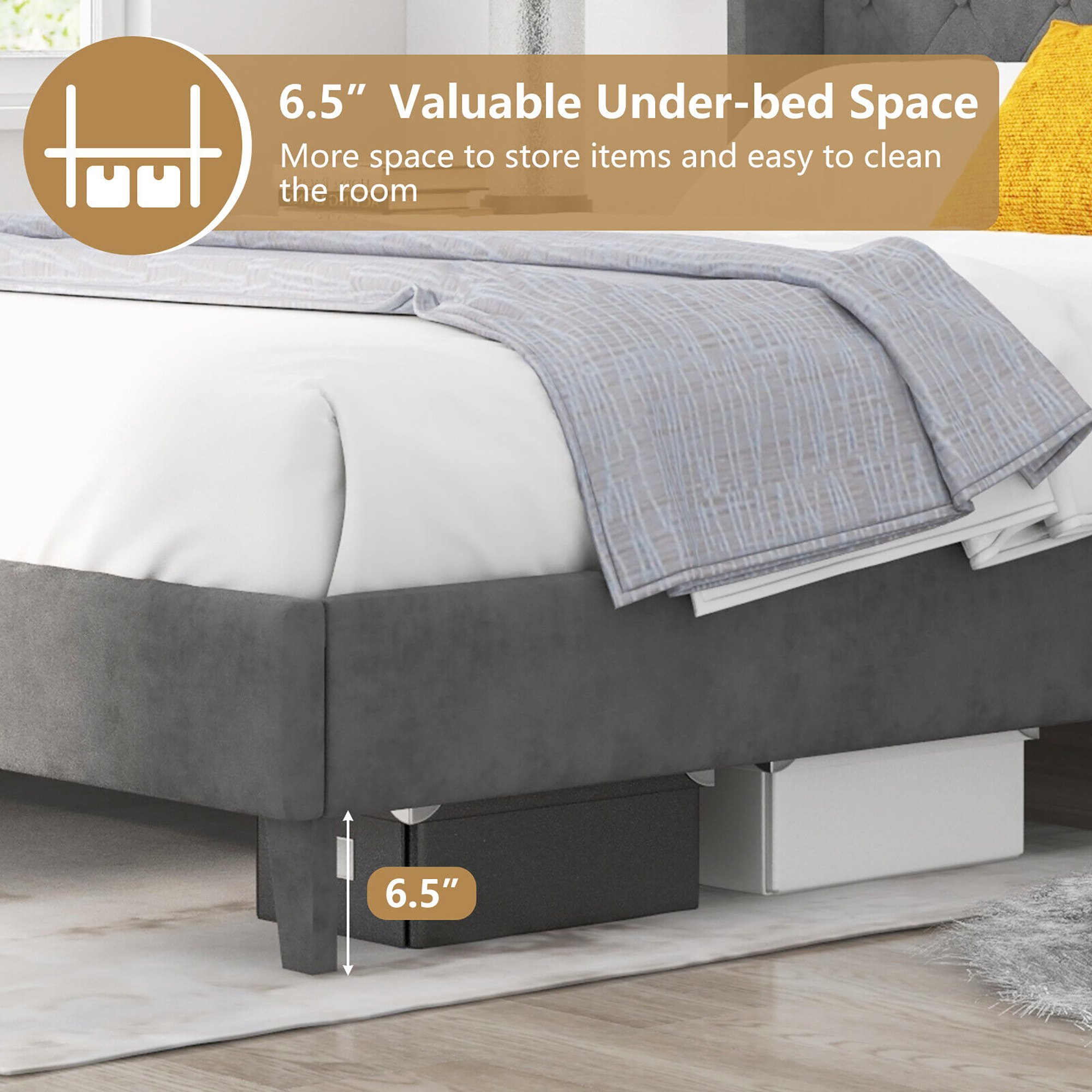 Gymax Queen Upholstered Platform Bed Frame w/ Button Tufted Headboard Noise-free