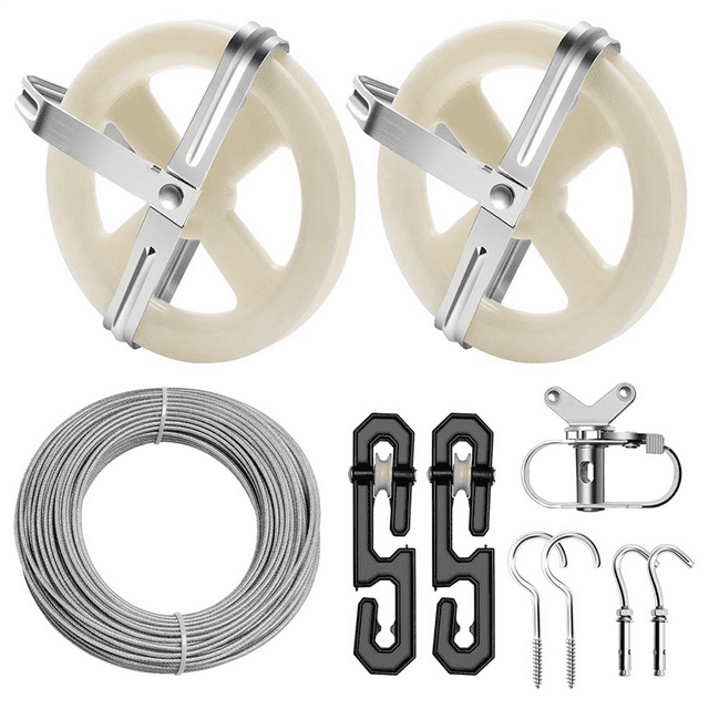 Clothesline Outdoor Kit, Wire Rope, 5-Inch Pulley, S-Type Divider, Tightener, Screw, Hook and Expansion Screw