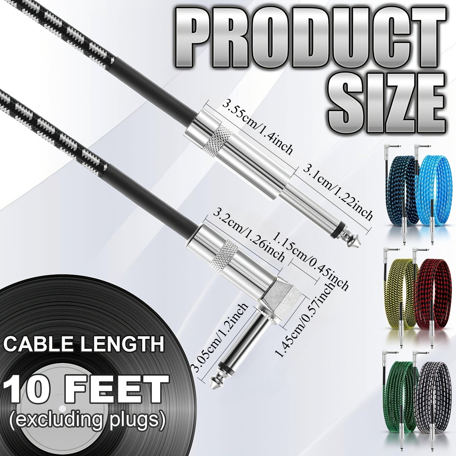 6 Pcs 10ft Guitar Cable 1/4 Inch Instrument Cable Set, Right Angle Audio Cord for Electric Guitar Bass Keyboard Amplifier, Copper Core Noise Resistant Guitar Patch Cable for Stage Studio Recording