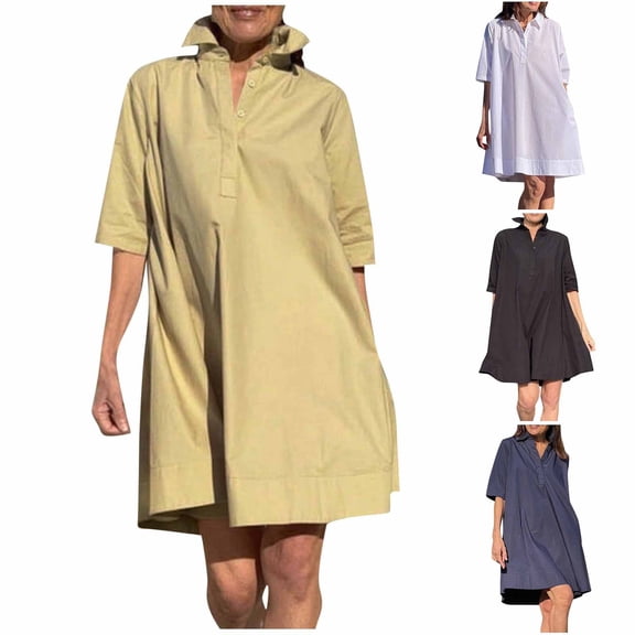 Ashirexll Midi Dresses for Women, Flowy Dresses for Women, Fashion Solid Color Short Sleeve Button Lapel Casual Linen Dress