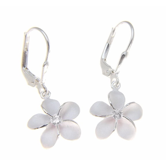 Sterling silver 925 Hawaiian plumeria flower cz leverback earrings 15mm
