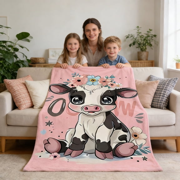 Cow Print Flannel Blanket, Soft Lightweight Cozy Throw for Couch Air Conditioned Rooms and Travel, Cute Animal Pattern Decor Blanket for Living Room Bedroom and Gift Giving
