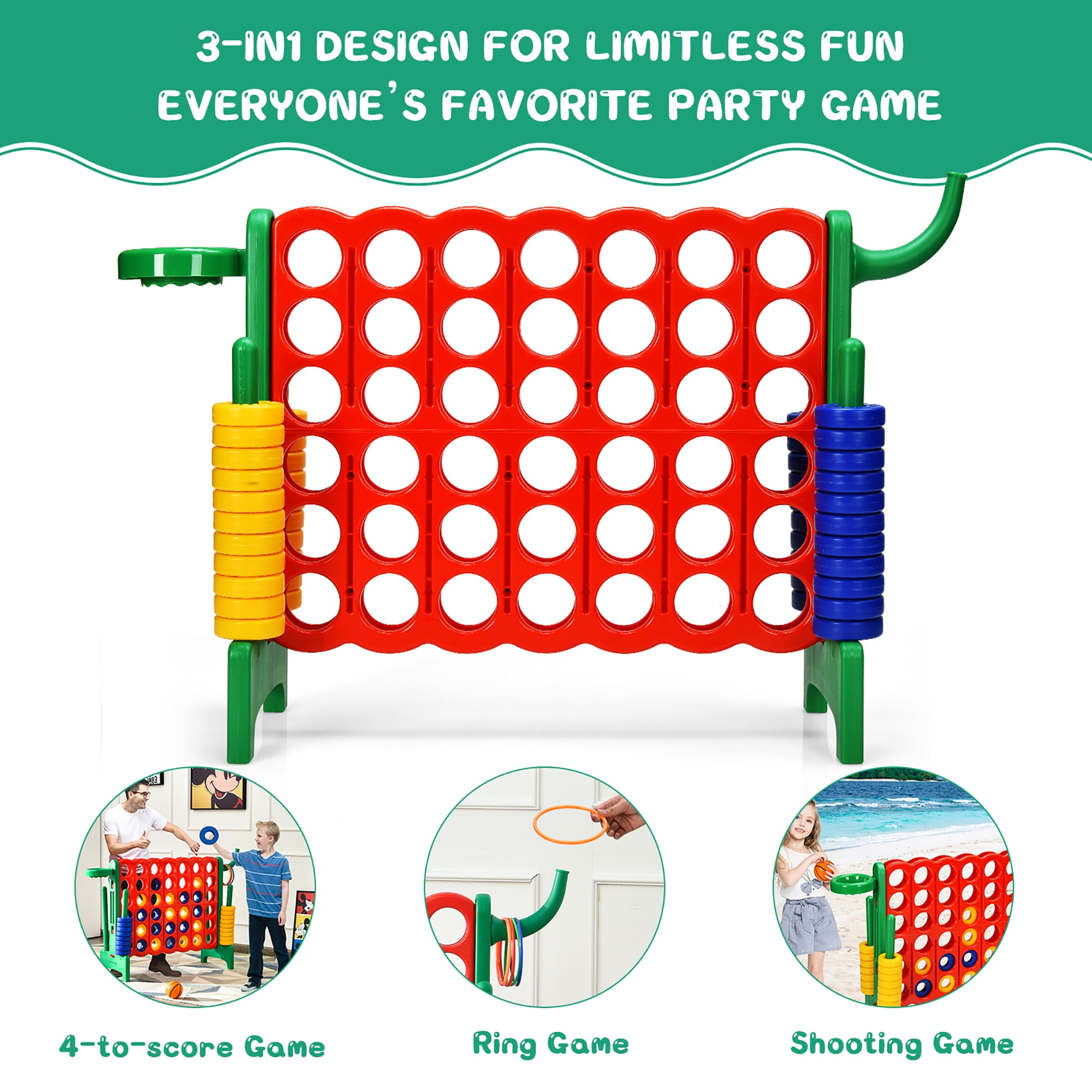 Costway 4-in-A Row Giant Game Set w/Basketball Hoop for Family Green