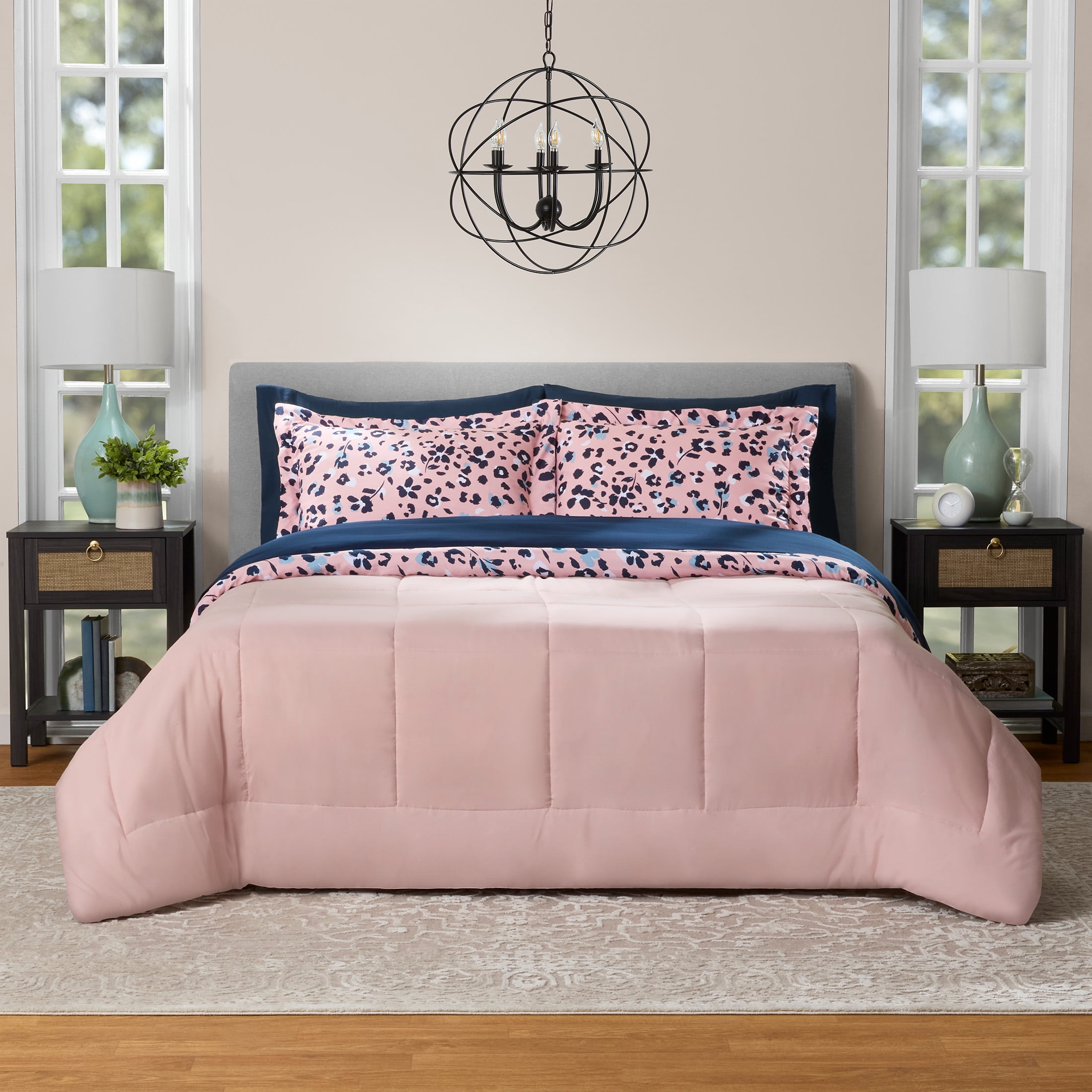 Mainstays All in One Reversible Comforter and Sheet set- 7 Piece, Full, Pink Animal Print