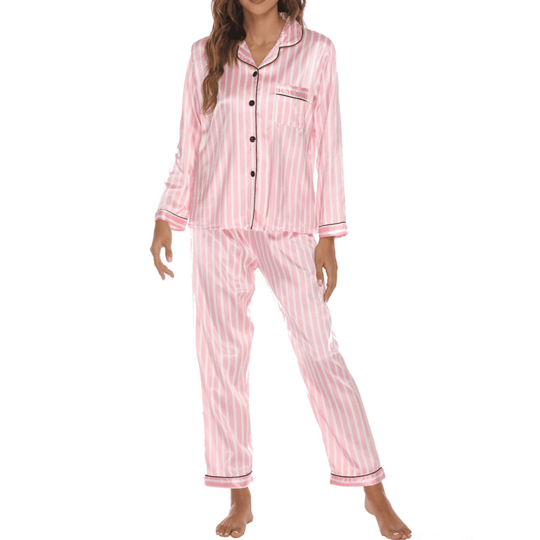 Womens Pajama Set Comfy Lapel Long Sleeve Imitation Silk Button Down  Lightweight Nightgown Sleepwear Pjs 